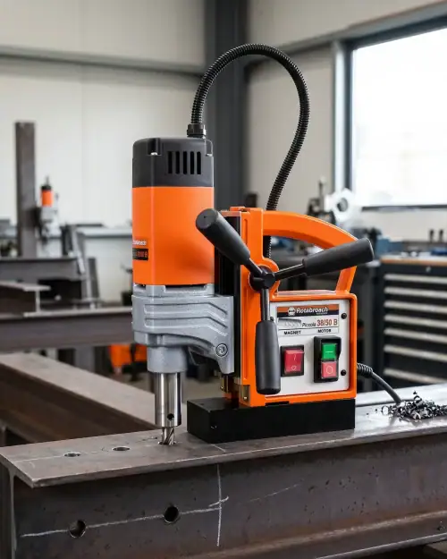 Magnetic Drill Hire London | Rotabroach Mag Drill Kit (110V or 240V) 8 Rotabroach Piccola magnetic drill mounted on steel beam in workshop ready for annular cutting steelwork