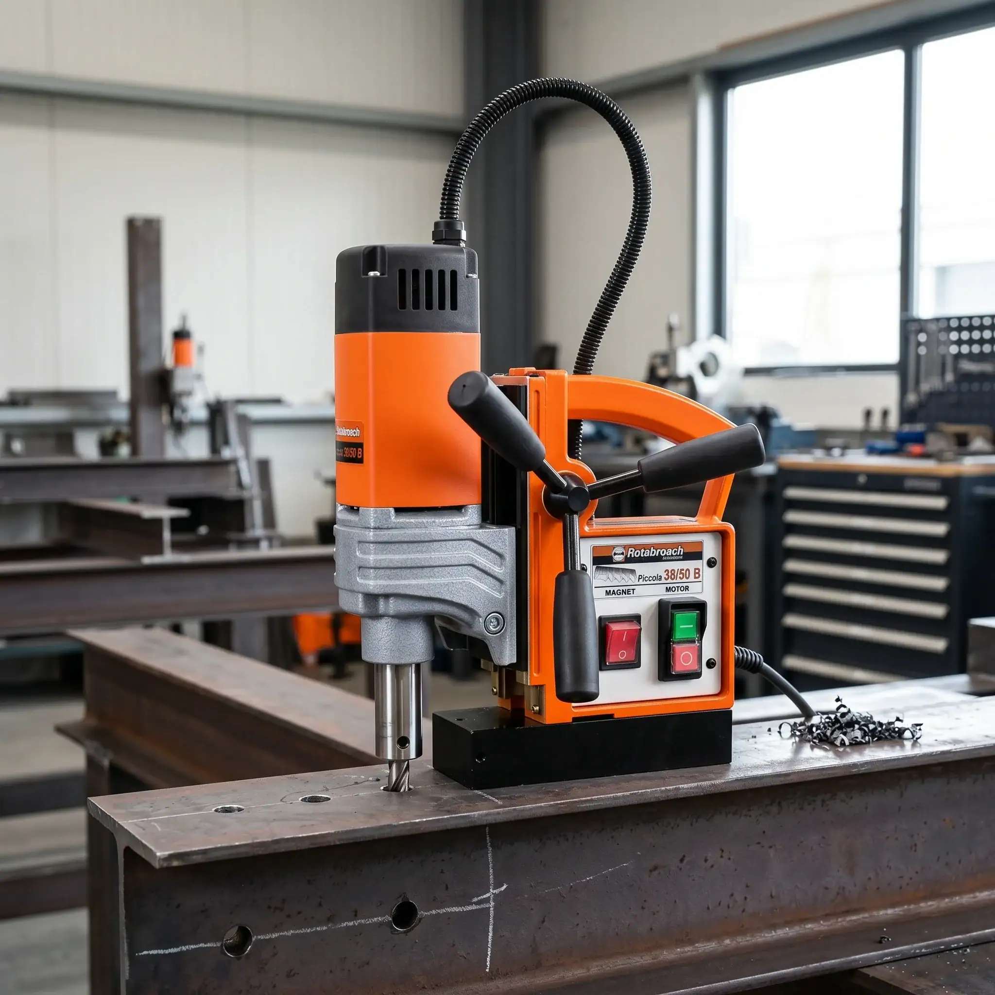 Magnetic Drill Hire London | Rotabroach Mag Drill Kit (110V or 240V) 3 Rotabroach Piccola magnetic drill mounted on steel beam in workshop ready for annular cutting steelwork