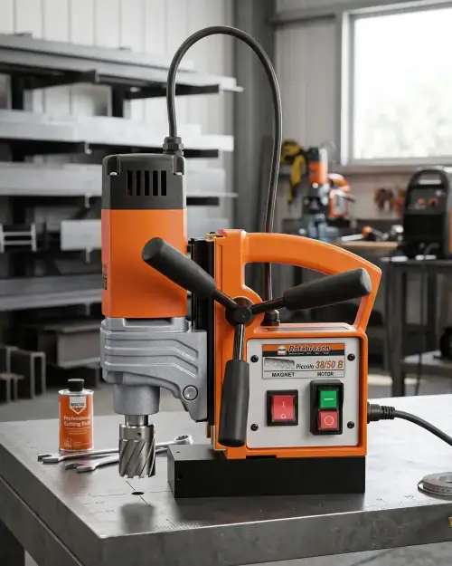 Magnetic Drill Hire London | Rotabroach Mag Drill Kit (110V or 240V) 9 Magnetic drill hire London Rotabroach Piccola 38/50 B full product view with magnet and motor controls in workshop