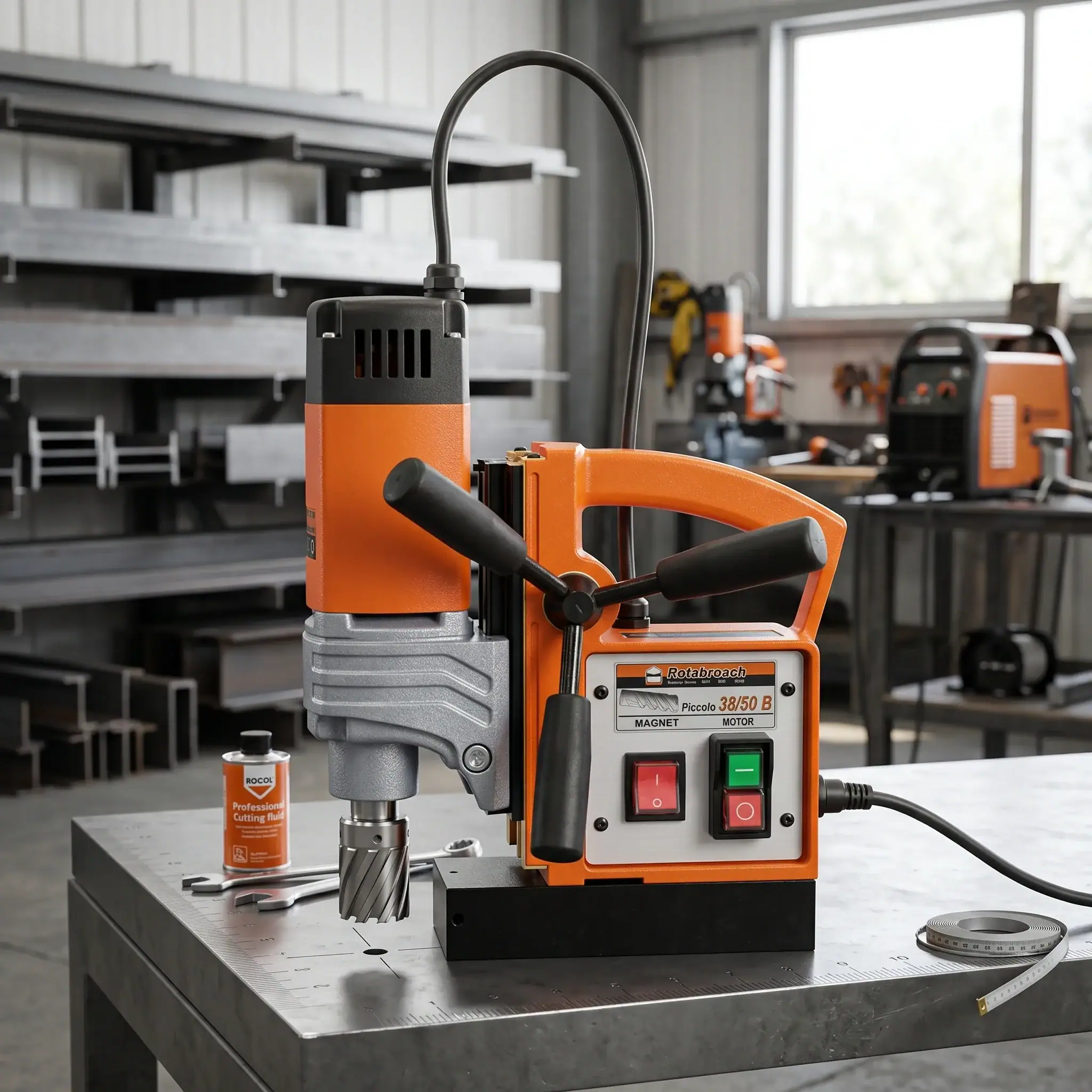 Magnetic Drill Hire London | Rotabroach Mag Drill Kit (110V or 240V) 4 Magnetic drill hire London Rotabroach Piccola 38/50 B full product view with magnet and motor controls in workshop