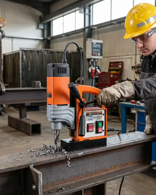Worker in hard hat operating Rotabroach magnetic drill for steel fabrication in industrial workshop environment