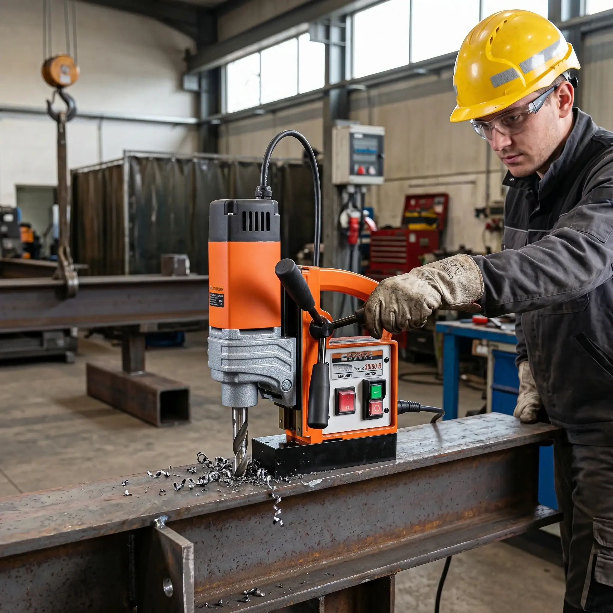 Magnetic Drill Hire London | Rotabroach Mag Drill Kit (110V or 240V) 1 Worker in hard hat operating Rotabroach magnetic drill for steel fabrication in industrial workshop environment
