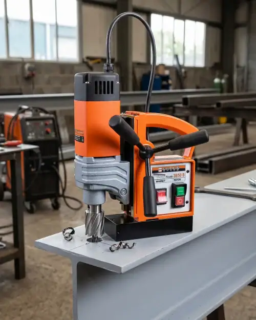 Magnetic Drill Hire London | Rotabroach Mag Drill Kit (110V or 240V) 11 Rotabroach Piccola mag drill side view in metal fabrication shop showing drill column feed handle and magnetic base