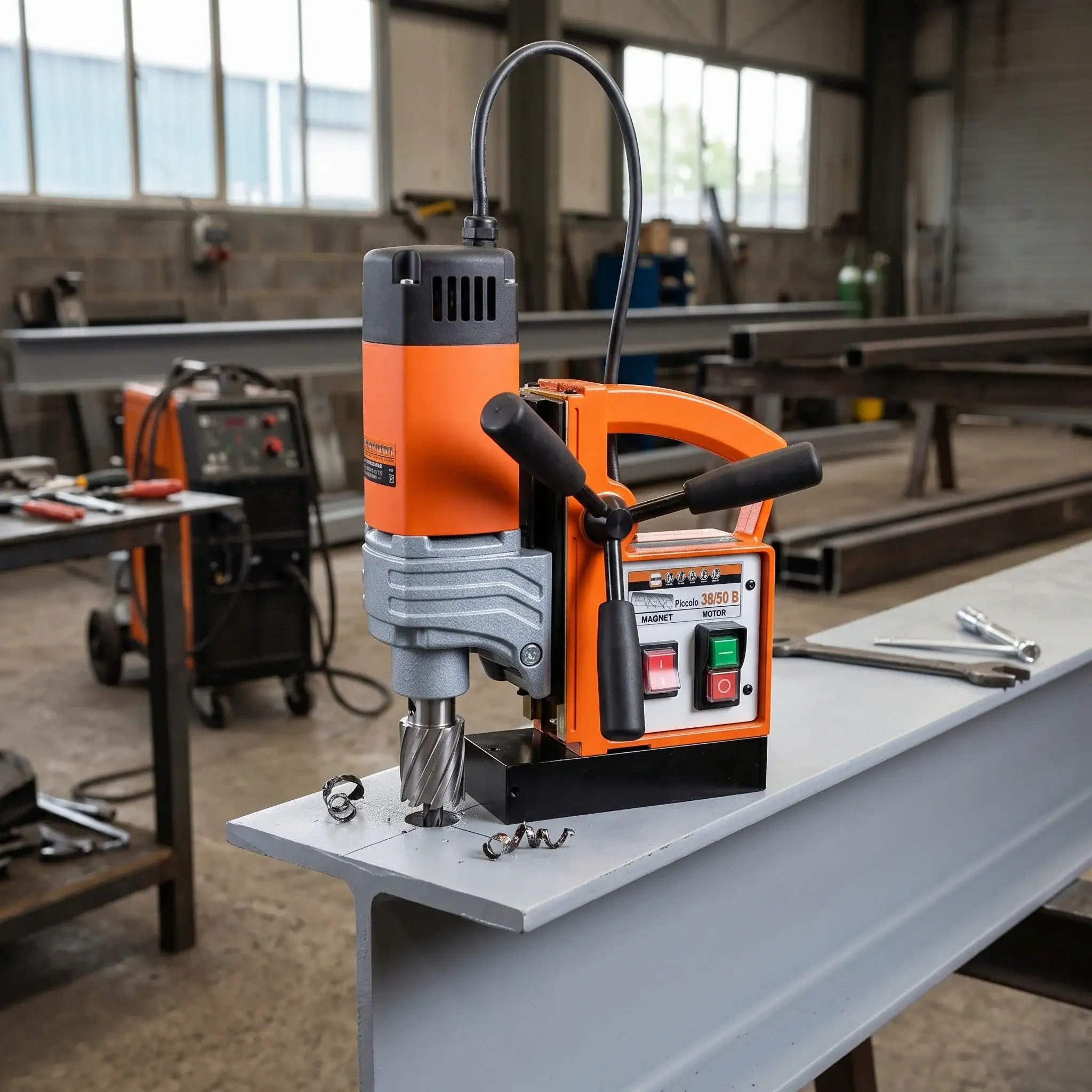 Magnetic Drill Hire London | Rotabroach Mag Drill Kit (110V or 240V) 6 Rotabroach Piccola mag drill side view in metal fabrication shop showing drill column feed handle and magnetic base