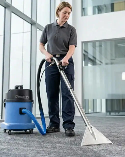Female contractor in hi-vis vest using Numatic CTD570-2 carpet cleaner hire in a London commercial building