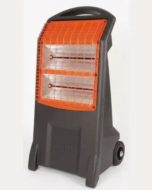 Rhino 3kW 240V infrared heater hire London – wheeled trolley body with orange quartz heating element