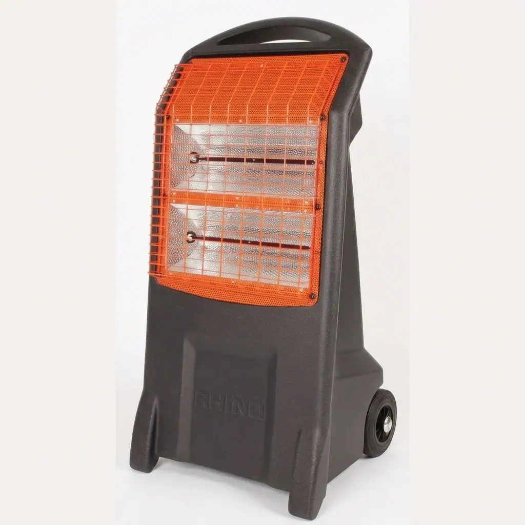 Infrared Heater Hire London | 3kW Radiant Heater on Tripod (240V) 2 Rhino 3kW 240V infrared heater hire London – wheeled trolley body with orange quartz heating element