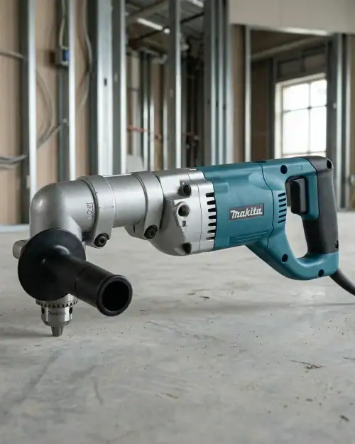 Right angle drill hire London featuring Makita DA4000LR in interior building environment