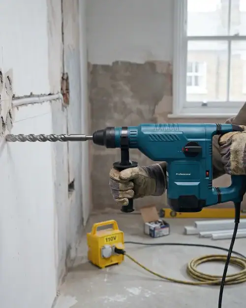Bosch GBH 11 DE 11kg rotary hammer hire chasing wall channel for electrical installation on London renovation site