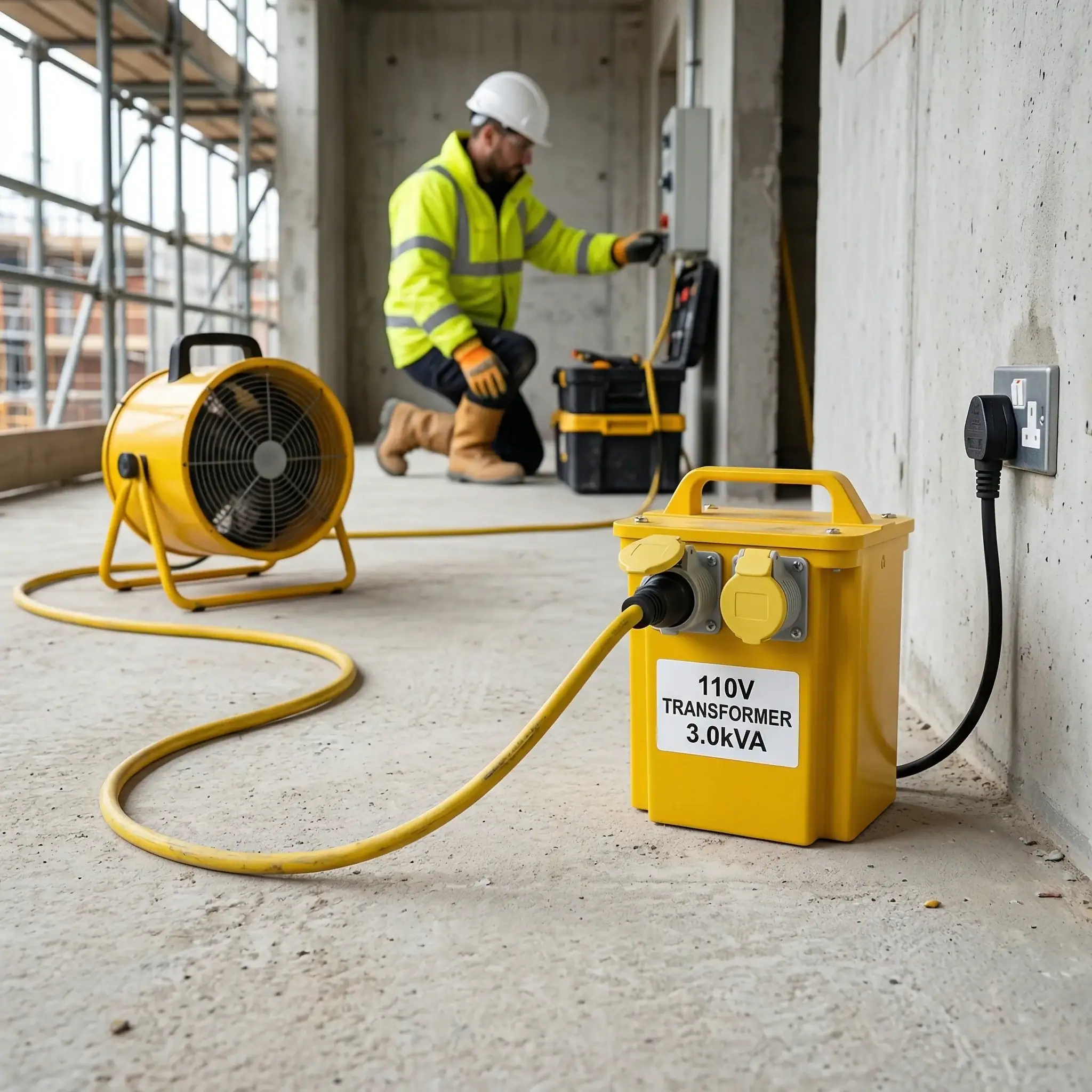 3kVA Site Transformer Hire London | 240V to 110V Heater Transformer (16A) 3 Construction worker connecting 3kVA heater transformer to yellow industrial fan heater on site