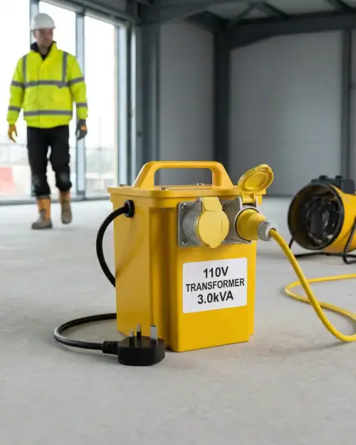 Yellow 3kVA 110V heater transformer on construction site floor with worker in hi-vis jacket