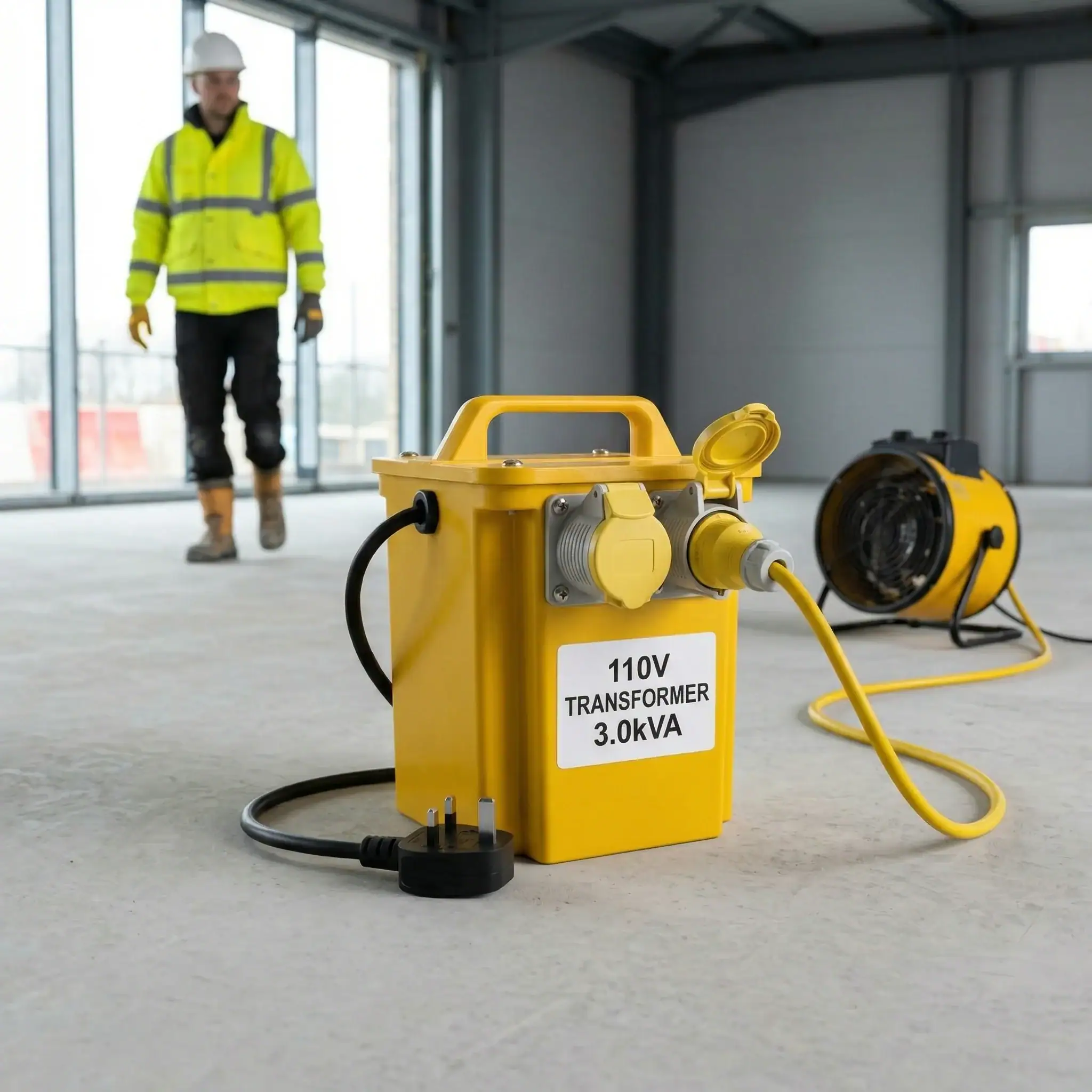 3kVA Site Transformer Hire London | 240V to 110V Heater Transformer (16A) 1 Yellow 3kVA 110V heater transformer on construction site floor with worker in hi-vis jacket