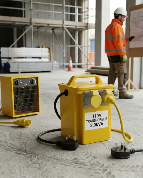3kVA Site Transformer Hire London | 240V to 110V Heater Transformer (16A) 10 110V heater transformer hire unit on active construction site with scaffolding and industrial fan heater