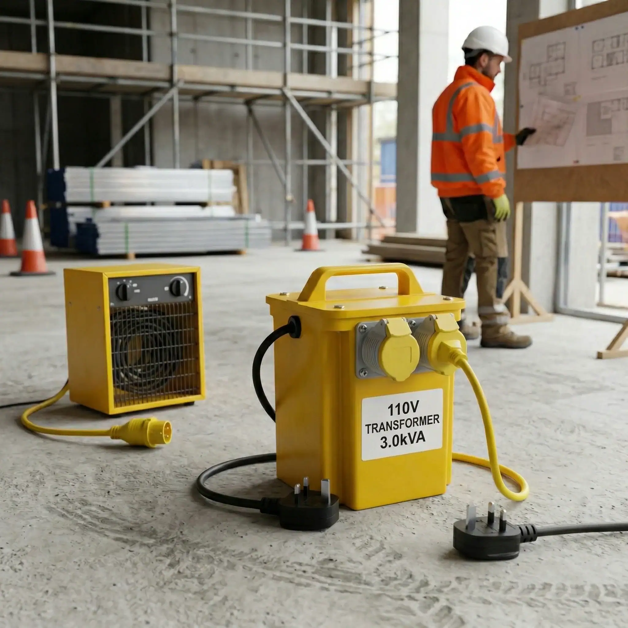3kVA Site Transformer Hire London | 240V to 110V Heater Transformer (16A) 4 110V heater transformer hire unit on active construction site with scaffolding and industrial fan heater