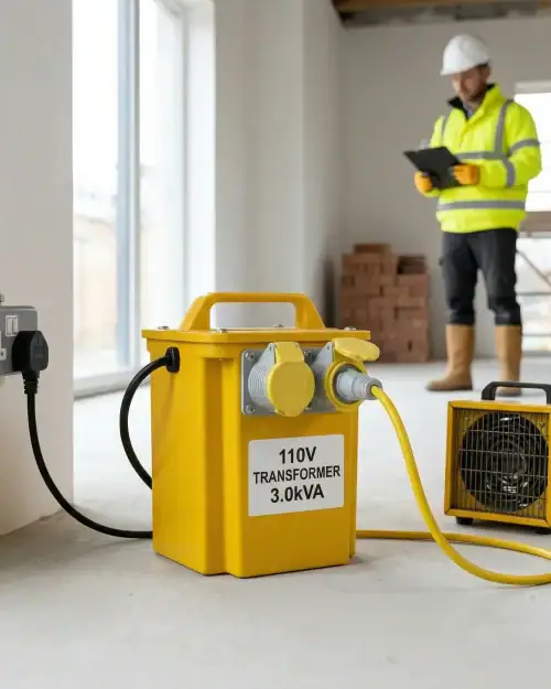 3kVA Site Transformer Hire London | 240V to 110V Heater Transformer (16A) 11 Site worker checking tablet next to 110V heater transformer powering industrial fan heater indoors