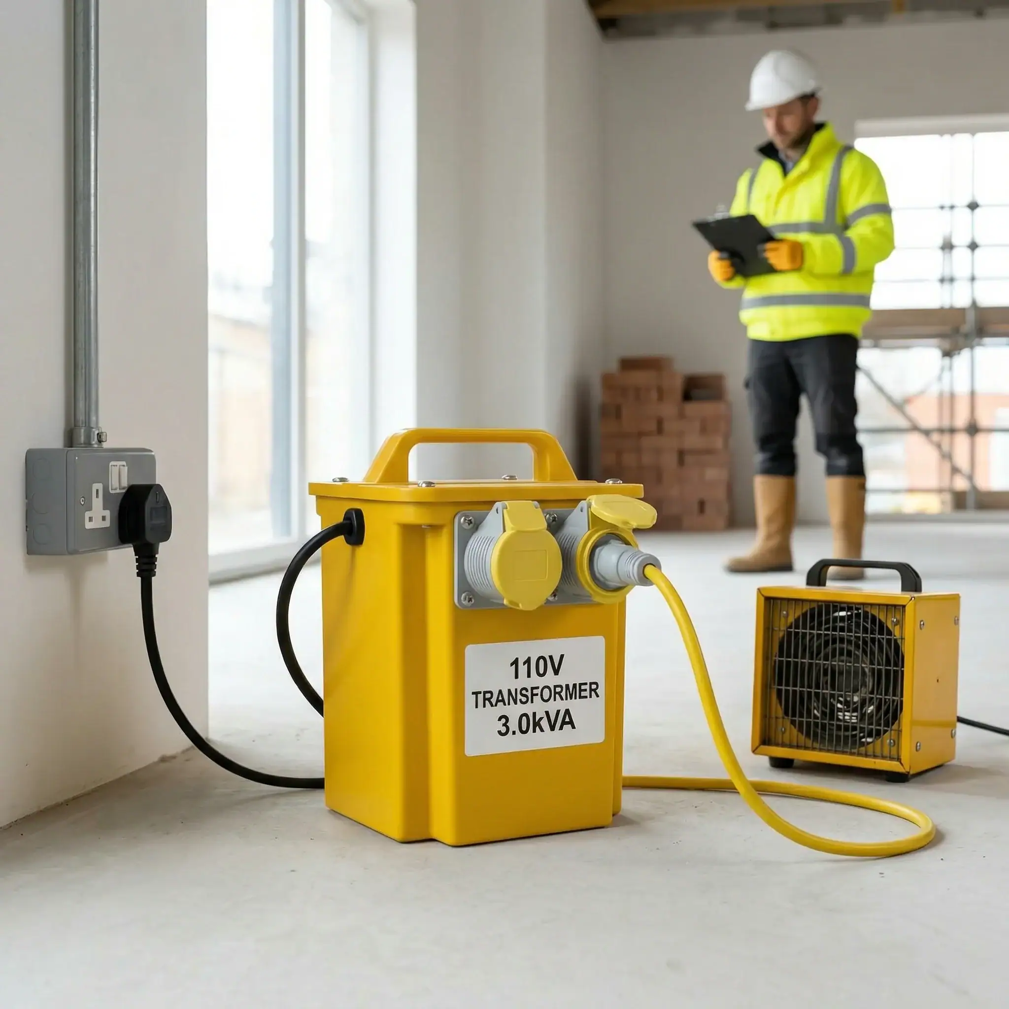 3kVA Site Transformer Hire London | 240V to 110V Heater Transformer (16A) 5 Site worker checking tablet next to 110V heater transformer powering industrial fan heater indoors