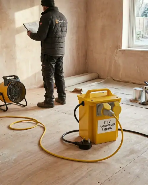 3kVA Site Transformer Hire London | 240V to 110V Heater Transformer (16A) 12 Worker reading plans in unfinished room heated by industrial fan heater powered by 110V transformer