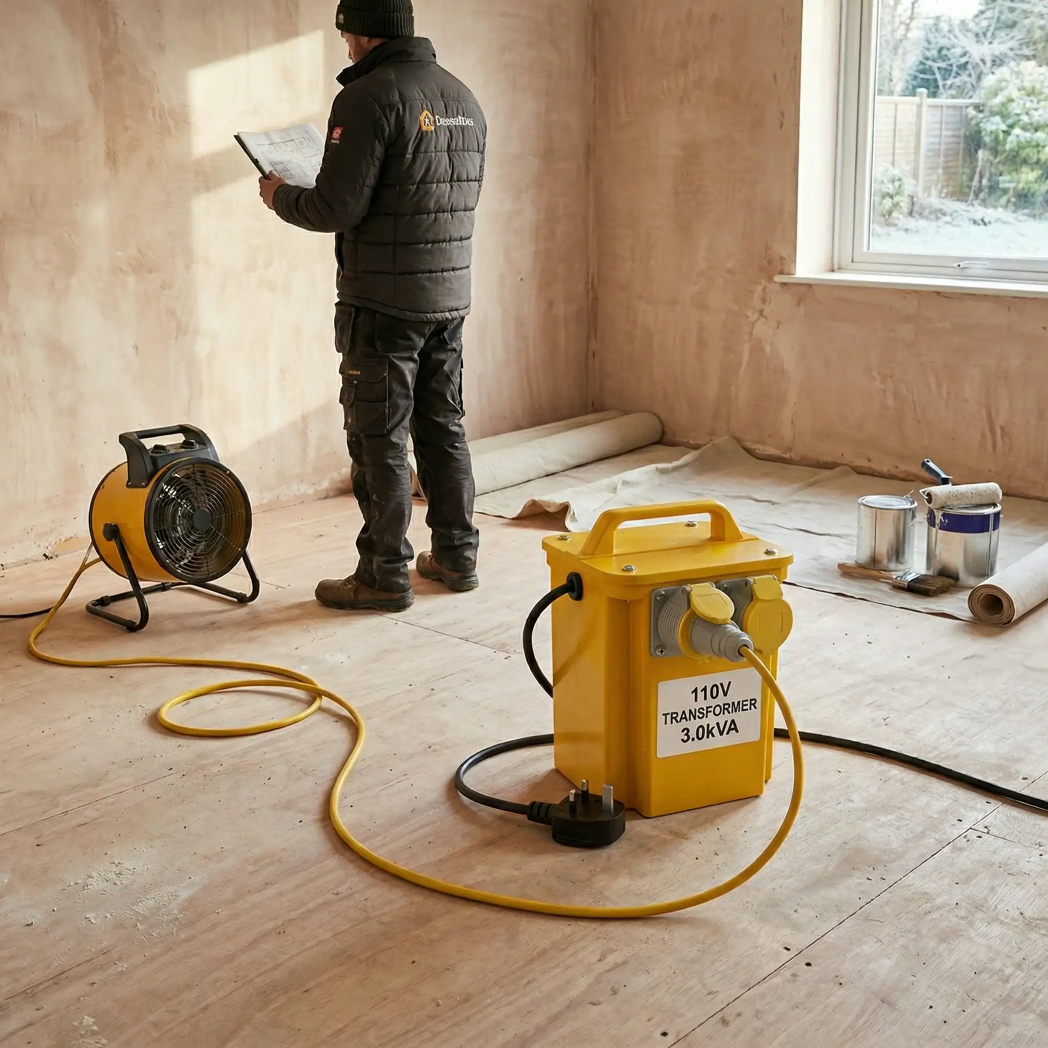3kVA Site Transformer Hire London | 240V to 110V Heater Transformer (16A) 6 Worker reading plans in unfinished room heated by industrial fan heater powered by 110V transformer
