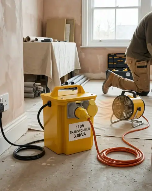 3kVA Site Transformer Hire London | 240V to 110V Heater Transformer (16A) 13 Worker plugging 3kVA heater transformer into wall socket with 110V fan heater connected on site