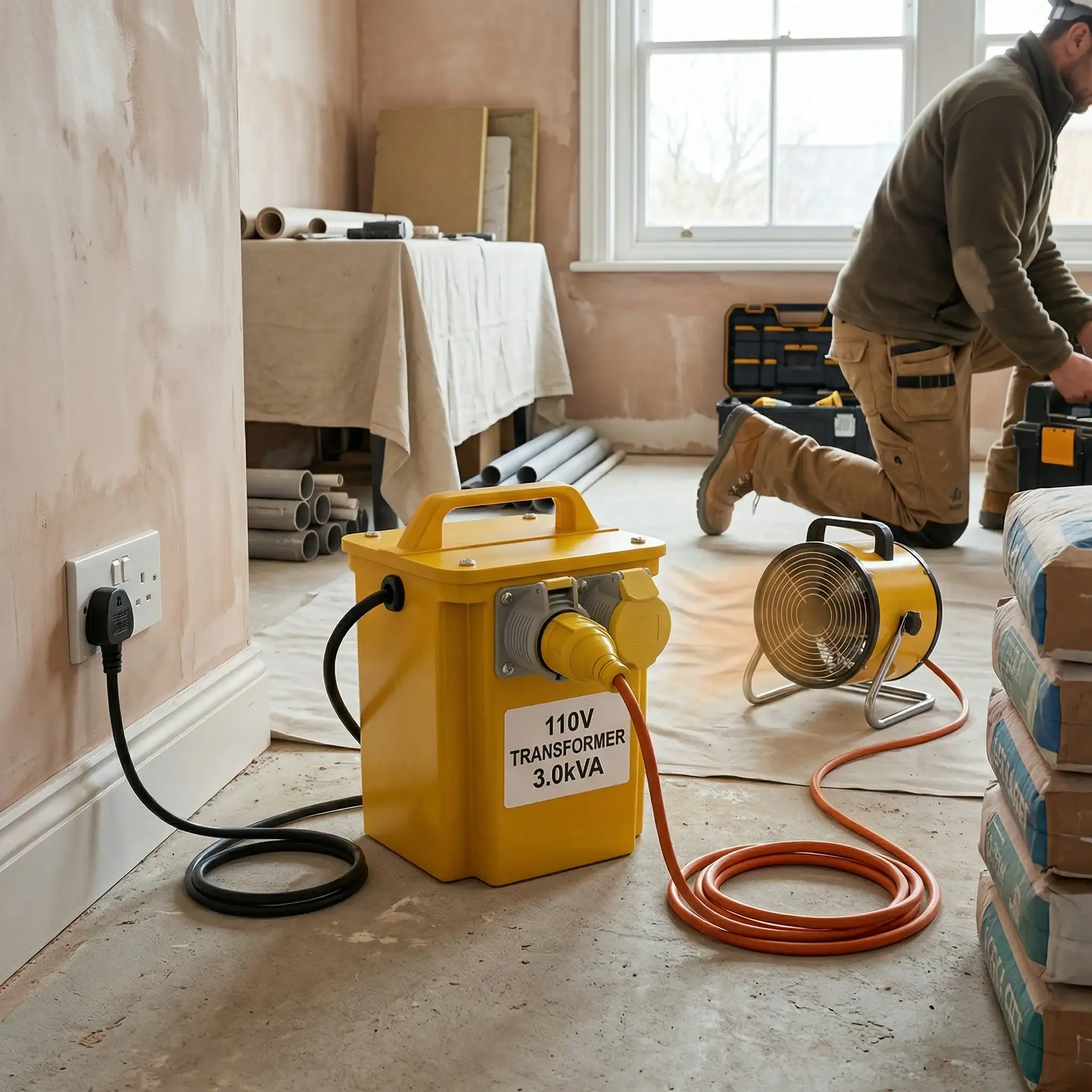 3kVA Site Transformer Hire London | 240V to 110V Heater Transformer (16A) 7 Worker plugging 3kVA heater transformer into wall socket with 110V fan heater connected on site