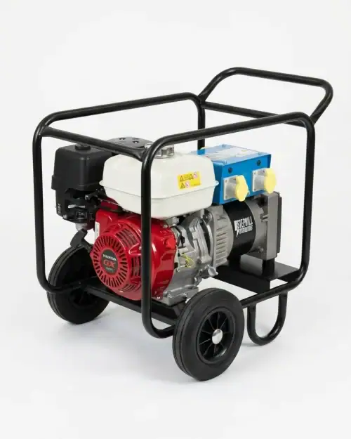 5kVA petrol site generator hire with Honda engine and 110V 240V outlet panel on wheel kit frame