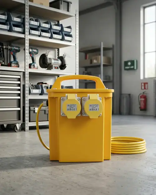 Yellow 3kVA continuous site transformer with 110V 16A outlets on workshop floor