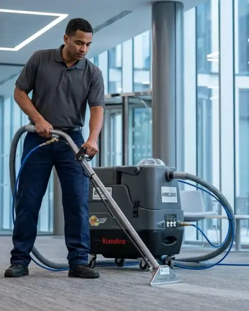 Hot water extraction carpet cleaner hire London – operative in large open commercial space