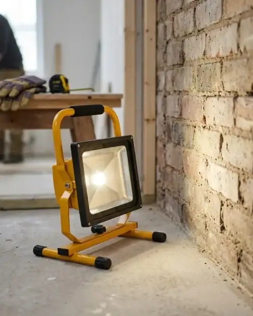 110V tripod site light illuminating a brick wall on a construction site with worker in background