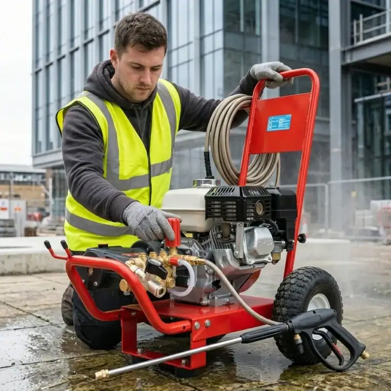 Operative in hi-vis vest setting up petrol pressure washer hire London on a construction site with modern glass buildings in background