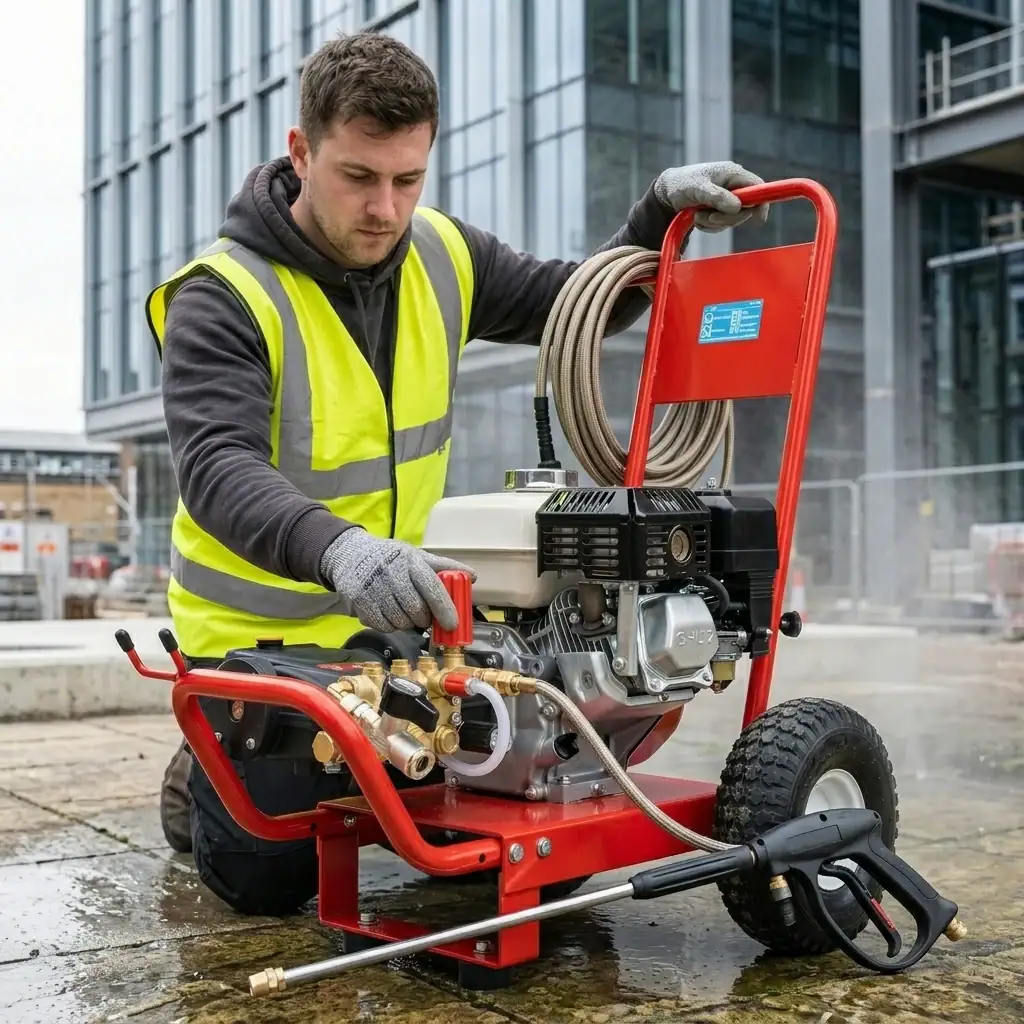 Petrol Pressure Washer Hire London | Heavy Duty 2450 PSI Jet Wash — No Mains Power Needed 3 Operative in hi-vis vest setting up petrol pressure washer hire London on a construction site with modern glass buildings in background