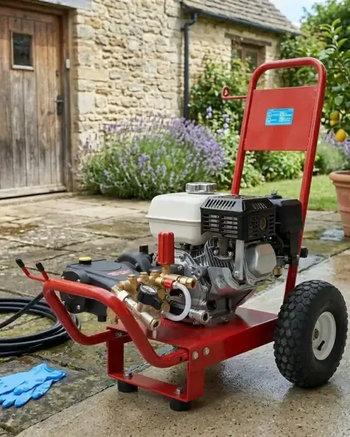 Petrol Pressure Washer Hire London | Heavy Duty 2450 PSI Jet Wash — No Mains Power Needed 12 Petrol pressure washer hire London positioned on a stone patio garden with lavender and lemon tree in background, ready for outdoor cleaning
