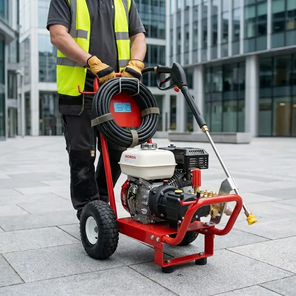 Petrol Pressure Washer Hire London | Heavy Duty 2450 PSI Jet Wash — No Mains Power Needed 4 Professional operative in hi-vis vest and leather gloves wheeling a Honda-powered petrol pressure washer hire London across a paved commercial area