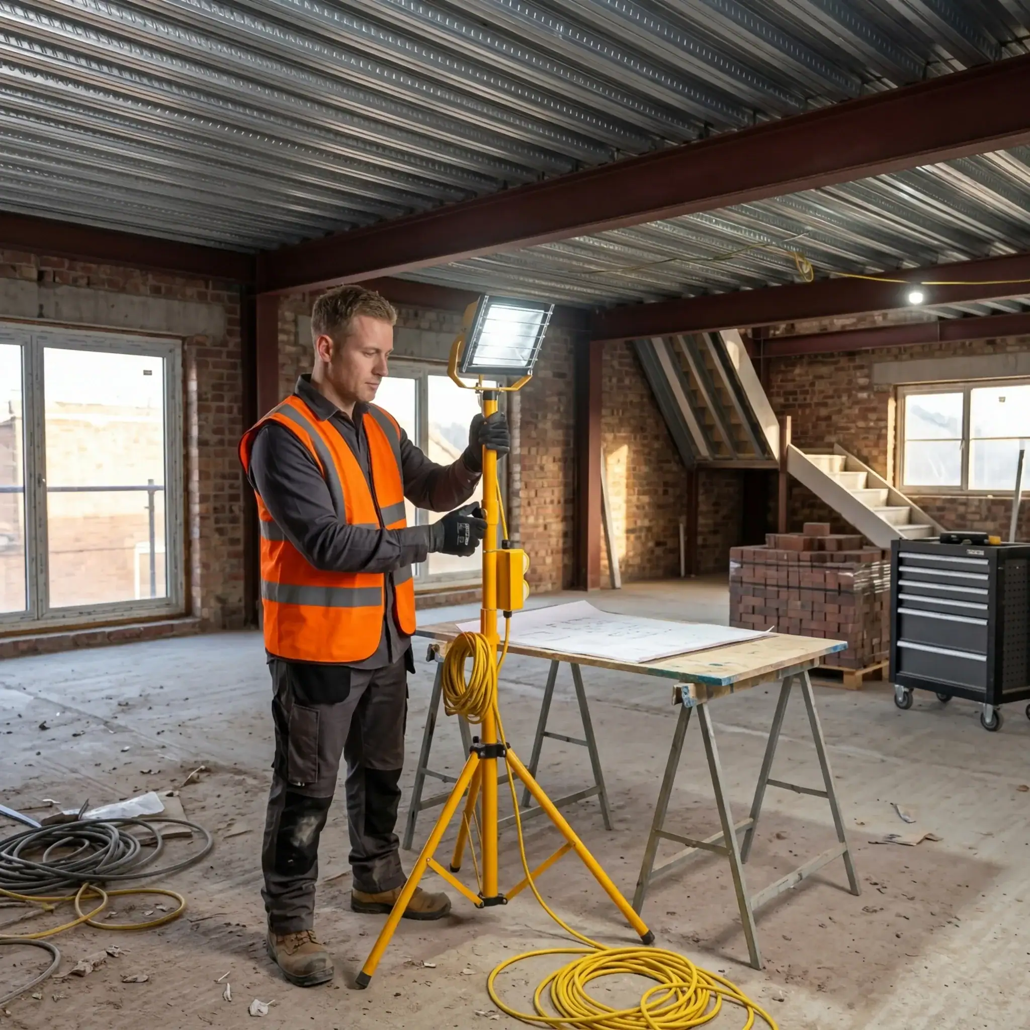 110V Tripod Floodlight Hire London | 30W LED Work Light 2 Worker in hi-vis vest adjusting 30W LED tripod floodlight on construction site with exposed ceiling beams
