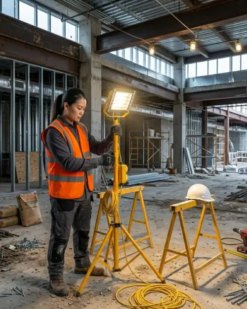 110V Tripod Floodlight Hire London | 30W LED Work Light 6 Site worker setting up portable 110V LED tripod floodlight on open construction floor with industrial backdrop