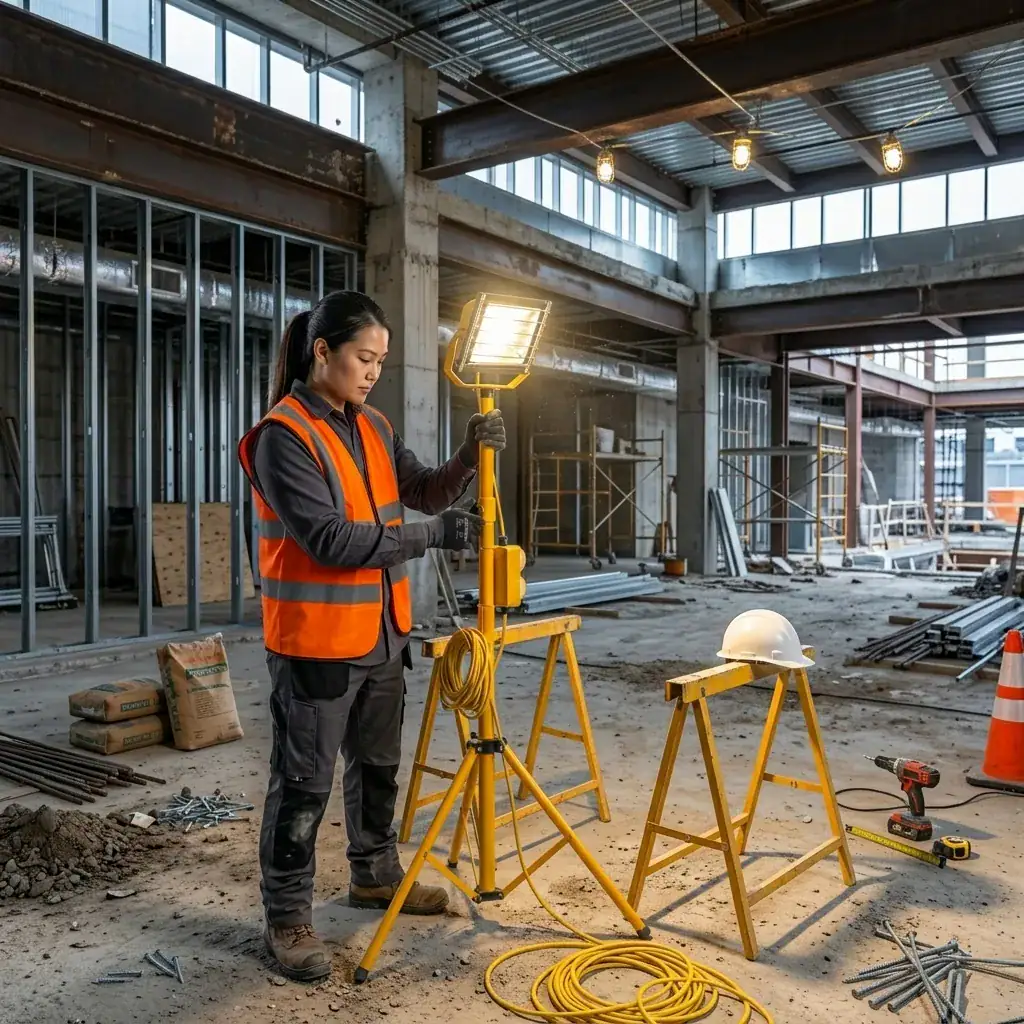 110V Tripod Floodlight Hire London | 30W LED Work Light 3 Site worker setting up portable 110V LED tripod floodlight on open construction floor with industrial backdrop