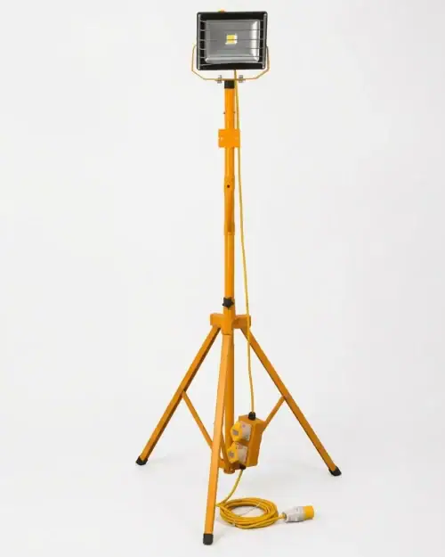 110V single head 30W LED tripod floodlight on yellow adjustable stand for site lighting hire