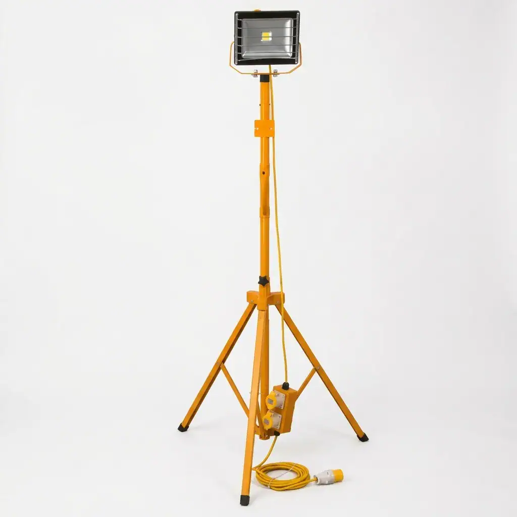 110V Tripod Floodlight Hire London | 30W LED Work Light 1 110V single head 30W LED tripod floodlight on yellow adjustable stand for site lighting hire