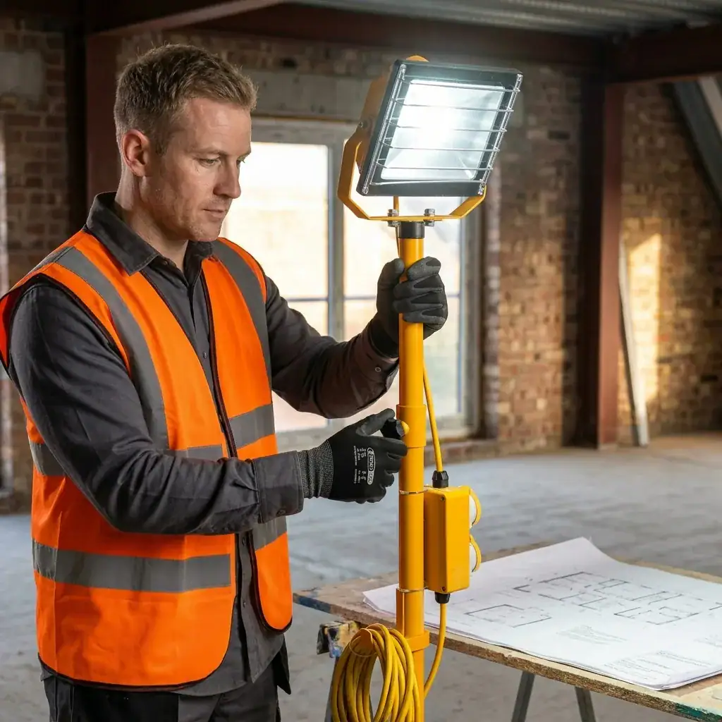 110V Tripod Floodlight Hire London | 30W LED Work Light 4 Close-up of construction worker adjusting the angle of a 30W LED tripod floodlight on site