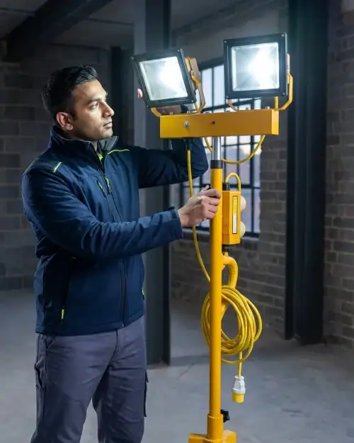 110V Twin Head Tripod Floodlight Hire London | 60W LED Site Work Light 9 Worker in hi-vis jacket adjusting twin head 110V LED tripod floodlight switched on at construction site