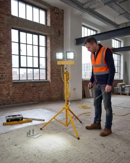 110V Twin Head Tripod Floodlight Hire London | 60W LED Site Work Light 10 Worker positioning 110V twin head tripod floodlight on industrial construction site with brick walls and windows