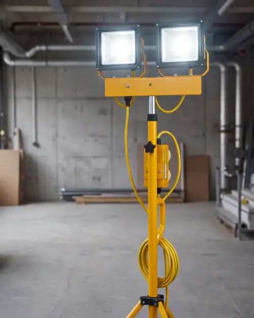 110V Twin Head Tripod Floodlight Hire London | 60W LED Site Work Light 11 Twin head 60W LED tripod floodlight switched on illuminating an industrial warehouse workspace