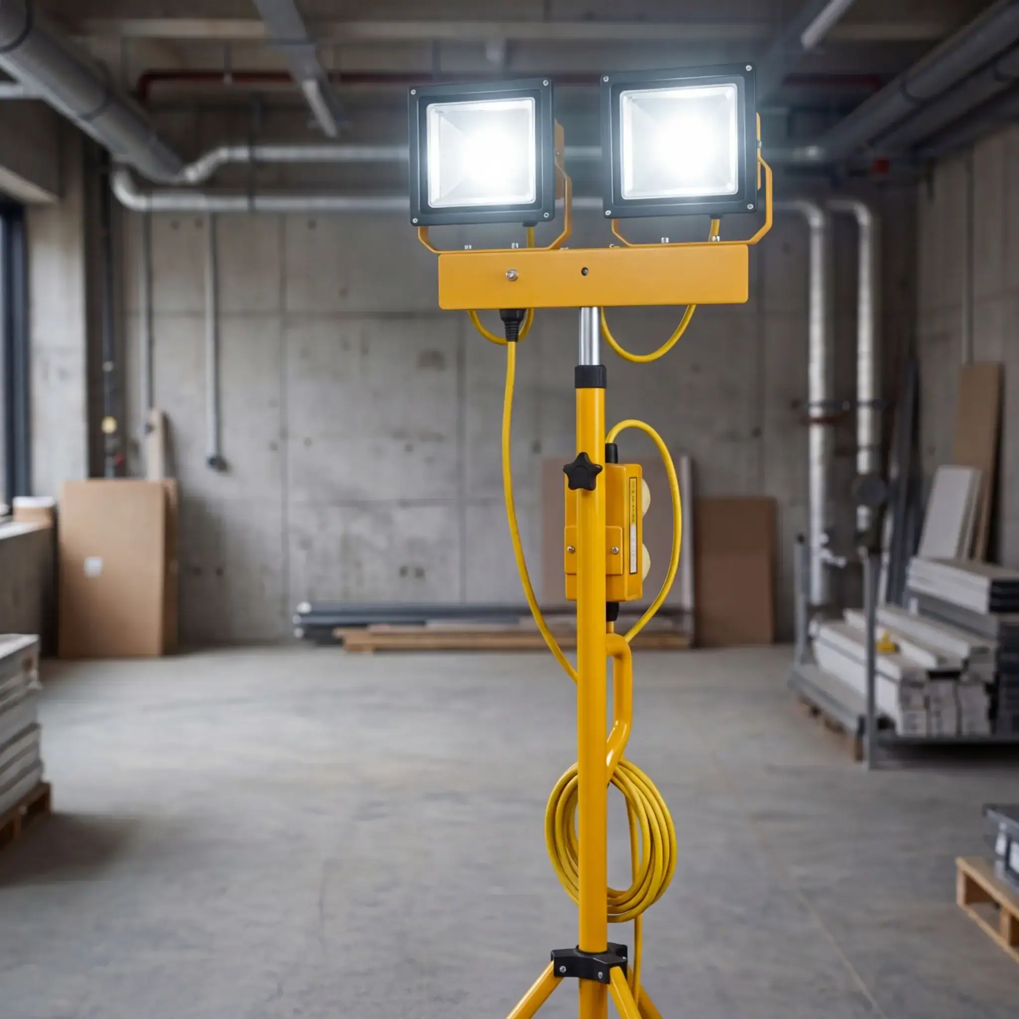110V Twin Head Tripod Floodlight Hire London | 60W LED Site Work Light 5 Twin head 60W LED tripod floodlight switched on illuminating an industrial warehouse workspace