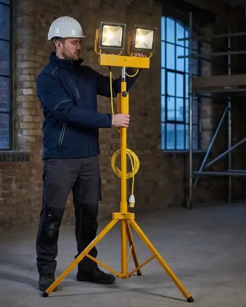 110V Twin Head Tripod Floodlight Hire London | 60W LED Site Work Light 13 Construction worker in hard hat carrying portable twin head LED tripod floodlight across a building site