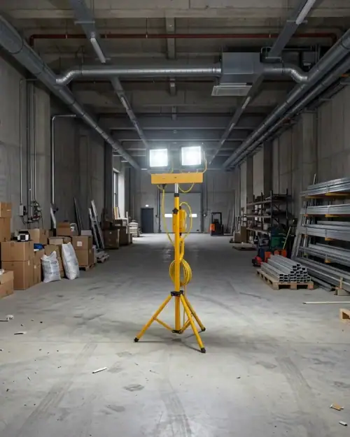 110V Twin Head Tripod Floodlight Hire London | 60W LED Site Work Light 12 110V twin head tripod floodlight hire standing in a large warehouse with high ceilings and metal beams