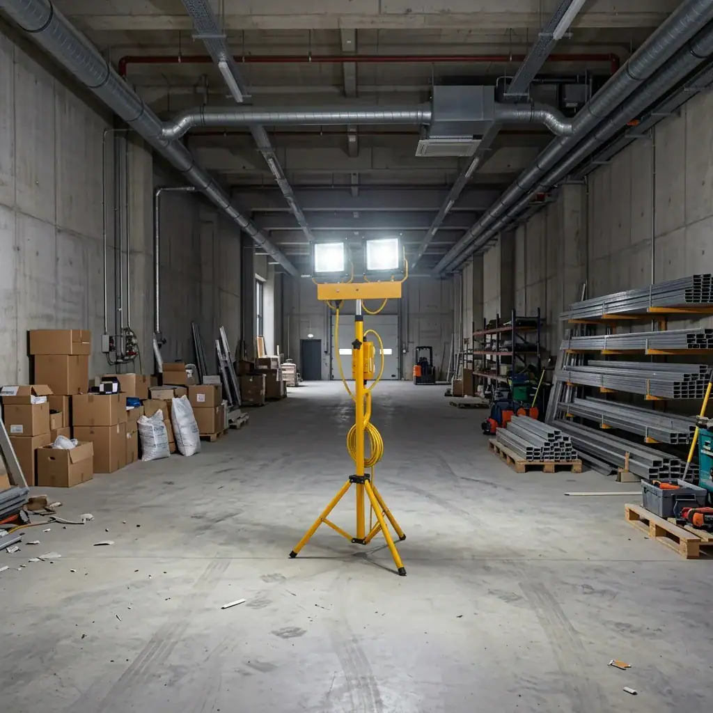 110V Twin Head Tripod Floodlight Hire London | 60W LED Site Work Light 6 110V twin head tripod floodlight hire standing in a large warehouse with high ceilings and metal beams