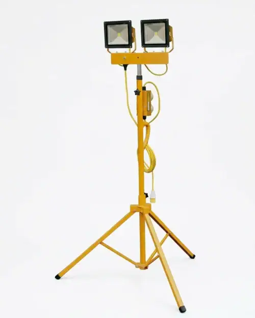 110V twin head tripod floodlight hire with two 30W LED panels on yellow adjustable stand