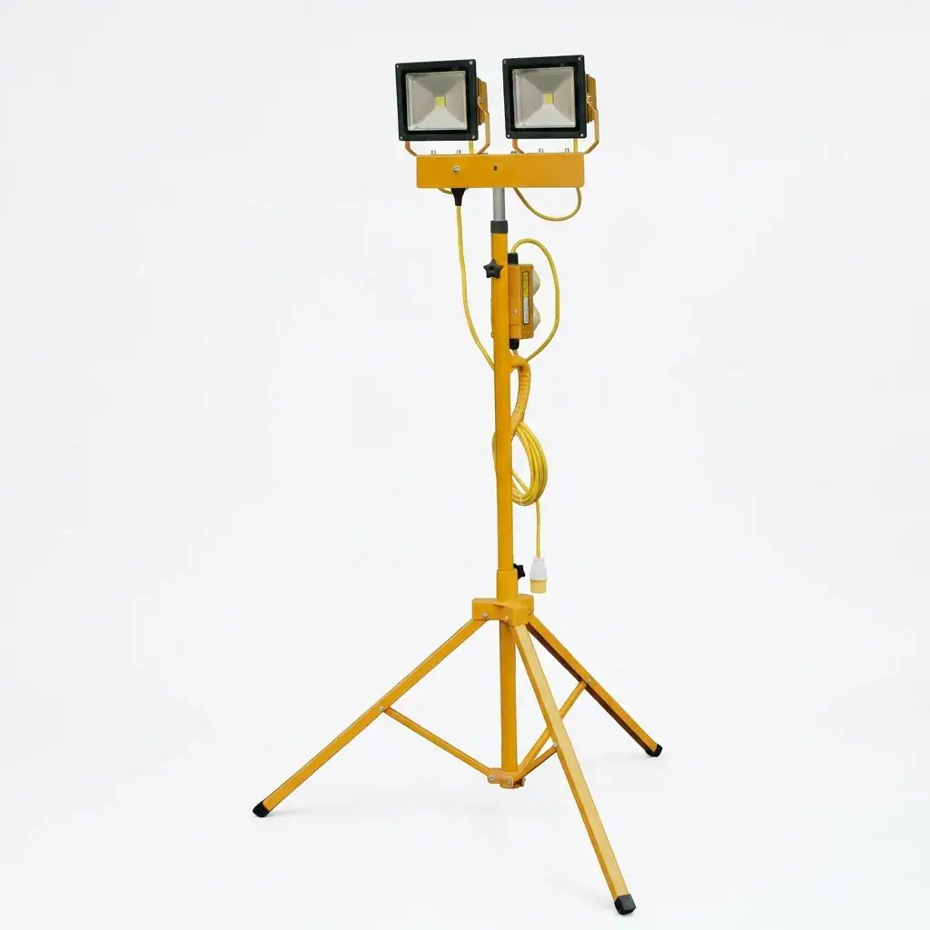 110V Twin Head Tripod Floodlight Hire London | 60W LED Site Work Light 1 110V twin head tripod floodlight hire with two 30W LED panels on yellow adjustable stand