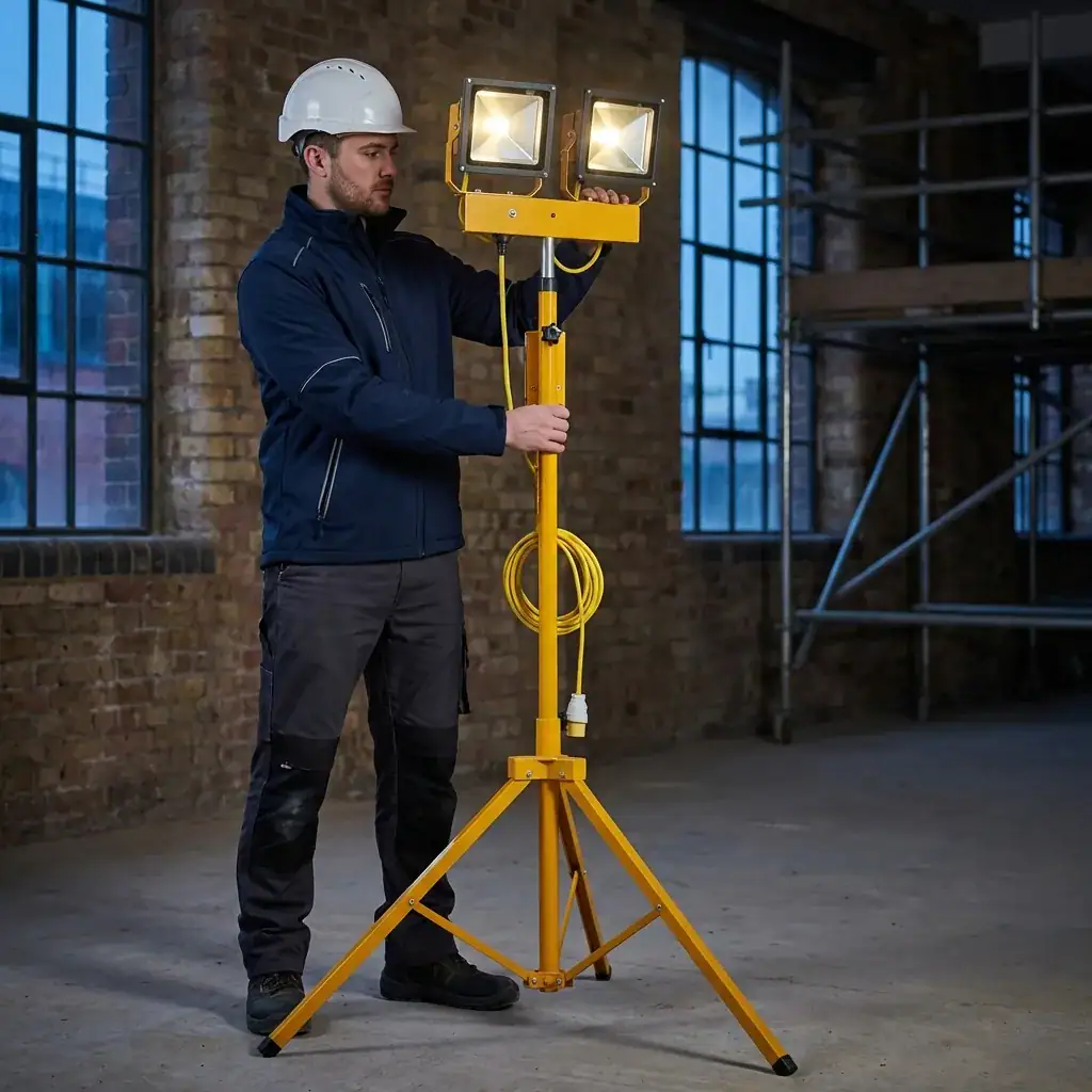 110V Twin Head Tripod Floodlight Hire London | 60W LED Site Work Light 7 Construction worker in hard hat carrying portable twin head LED tripod floodlight across a building site