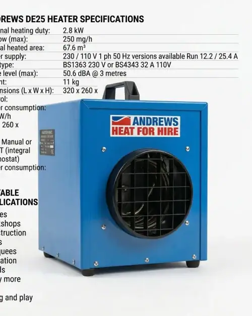 Andrews DE25 2.8kW 240V Electric Heater Hire London 9 andrews de25 12