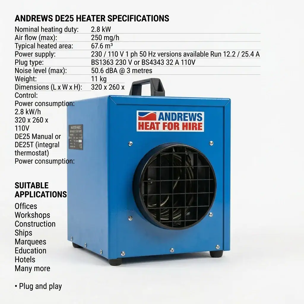 Andrews DE25 2.8kW 240V Electric Heater Hire London 5 Andrews DE25 2.8kW 240V Electric Heater Hire London - Image 5